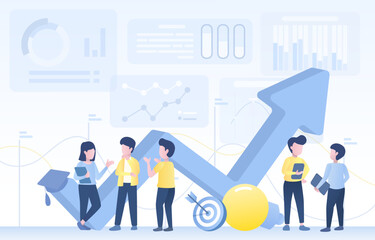 Business people discussion to improve investment. Arrow pointing up, start-up, growth management, tactical plan, strategy development for success. Flat vector design illustration.