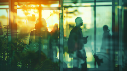 Office workers. Mirror glass building. Office workers, business people, work. Illustration of a working day of office employees in a building.
