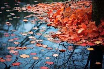 Autumn leaves and a calm pond reflecting the seasonal beauty