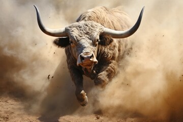 A large bull raises dust with its furious running against the backdrop of sunset rays, a symbol of the state of Texas, bullfighting