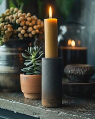 Fototapeta na wymiar Concrete and Metal Candle Holder A stylish, industrial-inspired candle holder on a concrete surface, blending functionality with modern decor, photographic style