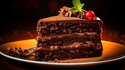A  photograph of a rich, velvety chocolate cake on a luxurious brown background, tempting any dessert lover.