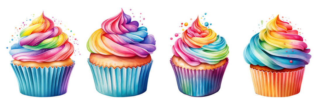 Bundle set of Rainbow cupcake watercolor style isolate on PNG Transparent background
