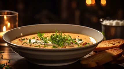 A  photograph of a seafood bisque garnished with fresh herbs and a drizzle of cream, highlighting gourmet seafood soups.