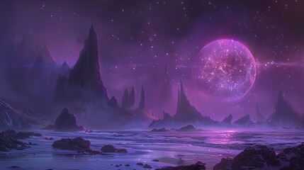 Planet landscape digital painting, spectacular night scene