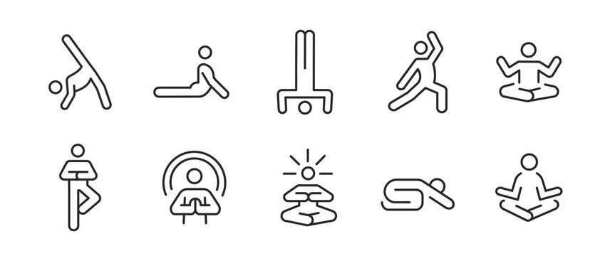 10 outline yoga pose icons for web, mobile, and promotion. Vector illustrations for yoga, sports, well-being, and healthy lifestyle.