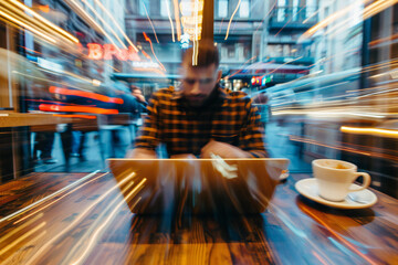 person in cafe, man working in a restaurant, hands on keyboard, motion, fast, timelapse, close up