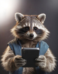 Fototapeta premium The raccoon holds a smartphone in its paws and looks at the smartphone screen with a cheerful smile