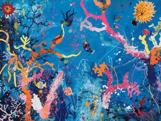 Fototapeta na wymiar A painting showcasing colorful corals and seaweed against a calming blue backdrop, creating a marine-themed artwork