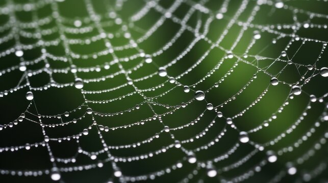 Close up of a spiderweb adorned with dewdrops