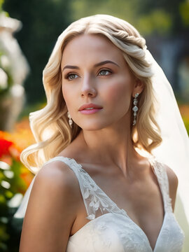 Portrait of a blonde bride outdoors