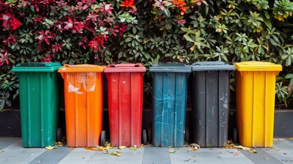 Obraz premium Trash cans for garbage separation, collection of waste bins of different types of garbage recycling