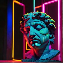 Neon-Greek figure with closed eyes. Generative AI
