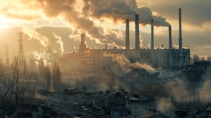 Factories with smoke, air pollution