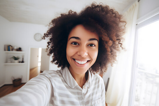 Young African American woman in a pink blouse smiling and taking a selfie 