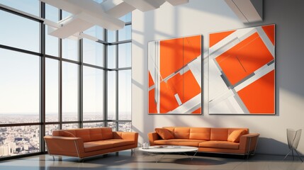 Contemporary minimalist room interior with hand drawn abstract lines and shapes on walls