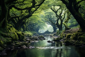 Enchanted forest with a gentle stream winding through ancient trees