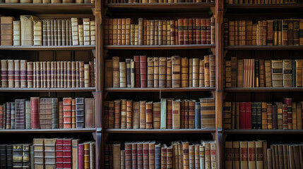 Wooden shelves with old books - obrazy, fototapety, plakaty