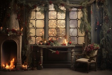 Obraz na płótnie Canvas Cozy room with a fireplace, a chair, and a christmas tree