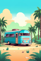 Retro wave poster with summer camp flat illustration against a vibrant synth colors background
