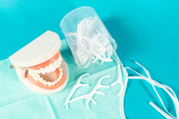 Many dental floss picks and tooth model on teal background.