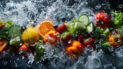 Colorful fresh fruits and vegetables engulfed in a dynamic water splash on a dark background.