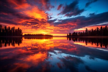 Fototapeta premium Stunning sunset over a serene lake with majestic trees in the backdrop