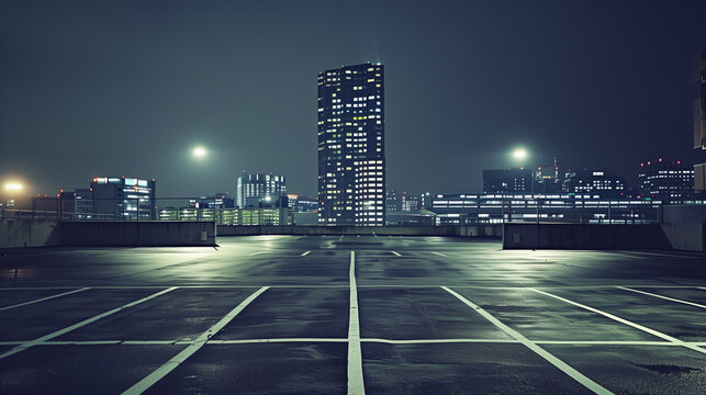 background image of an empty parking lot, night, against the backdrop of a high-rise building, grayish tones.
