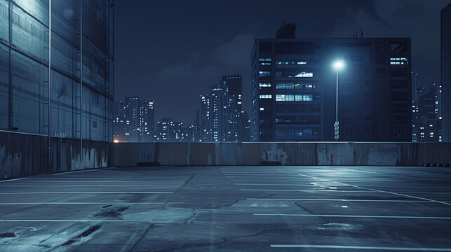 background image of an empty parking lot, night, against the backdrop of a high-rise building, grayish tones.
