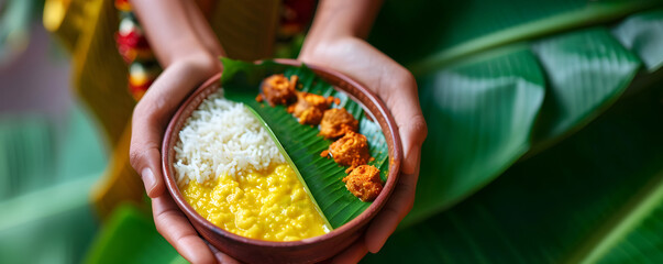 Copper dishes with national Indian food in hands on background of banana leaf. Onam Sadhya. Indian...