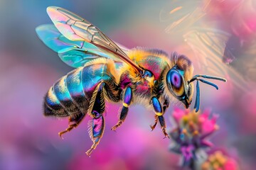 A honeybee is seen in this incredibly close-up hovering over a flower, displaying its fuzzy body and transparent wings in flight. The bee is seen resting on a background cutout during the day. 



 - obrazy, fototapety, plakaty