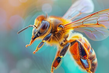 A honeybee is seen in this incredibly close-up hovering over a flower, displaying its fuzzy body and transparent wings in flight. The bee is seen resting on a background cutout during the day. 



