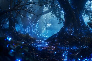Countless Fireflies Glow in an Enchanting Forest creating an enchanted forest landscape with mystical light and enchanting butterflies by casting a magical glow. Imagination and fantasy.


