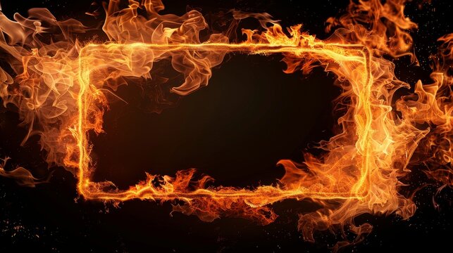 Rectangular frame made of burning flames fire in the shape of a rectangle on black background