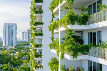 Sunlight dapples through the vibrant foliage of balcony gardens in this sustainable high-rise, showcasing an eco-friendly approach to city living.