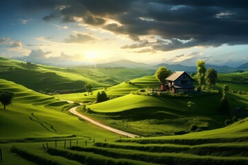 Idyllic countryside with a charming farm nestled among green fields
