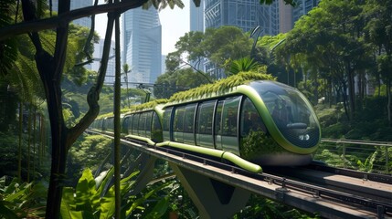 A sleek, green monorail train glides through a verdant cityscape, showcasing a harmonious blend of modern transportation and lush greenery in an eco-friendly urban environment.