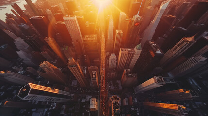 Photo of the city from a bird's eye view. Sunset. Skyscrapers, business office buildings. View from above of the cityscape of a large modern city.
