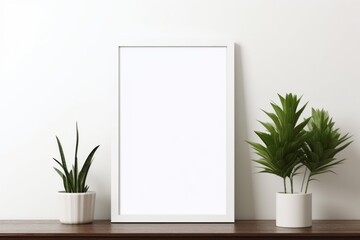 White frame sitting on top of a wooden table