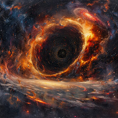 A swirling galaxy of stars and clouds with a large black hole in the center. The colors are dark...