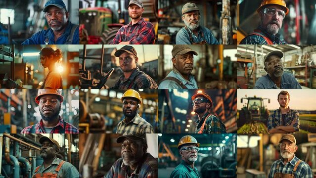 4x4 Collage of a diverse group of hard working blue collar industrial workers in the USA in slow motion