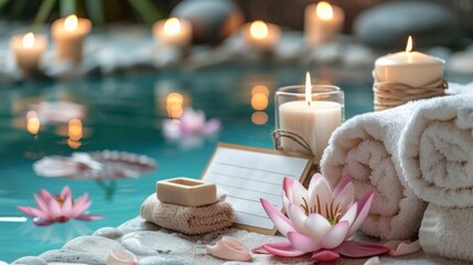 A tranquil spa setting with lit candles, plush towels, and water lilies, poised to pamper and...