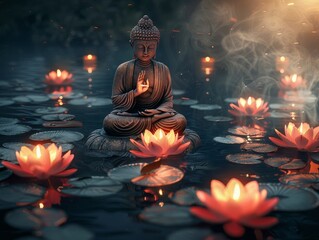 Buddha Statue Sitting on Water Among Lily Pads