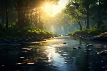 Deurstickers Peaceful river scene with sunlight dancing on the water © KerXing