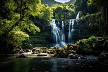 Obraz premium Pristine waterfall surrounded by lush greenery and rocky terrain