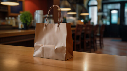A  photo of a food delivery bag placed on a restaurant counter, ready for pickup by a courier,...