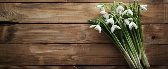 A cluster of white flowers arranged neatly on a wooden table, creating a simple and elegant decor element
