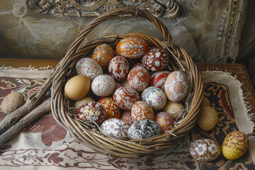 Obraz premium Basket with Easter eggs. Painted eggs. Generative AI