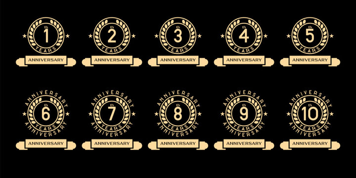 set of 1-10th anniversary celebration symbols. anniversary logo with gold circle and ribbon