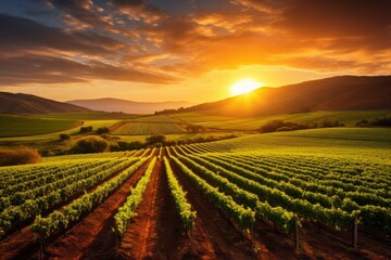 Rolling vineyards with neat rows of grapevines under a warm sunset - obrazy, fototapety, plakaty